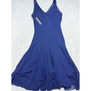 Elana Kattan Blue Mesh Overlay V-Neck Fit & Flare Midi Dress Women's Size XL